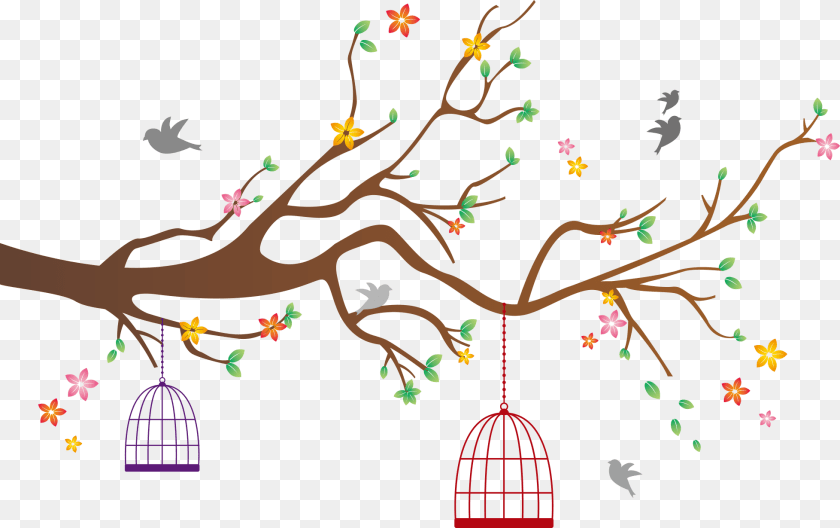 Vector Branch With Birdcage Birdcage With Flowers Vector, Art Sticker PNG