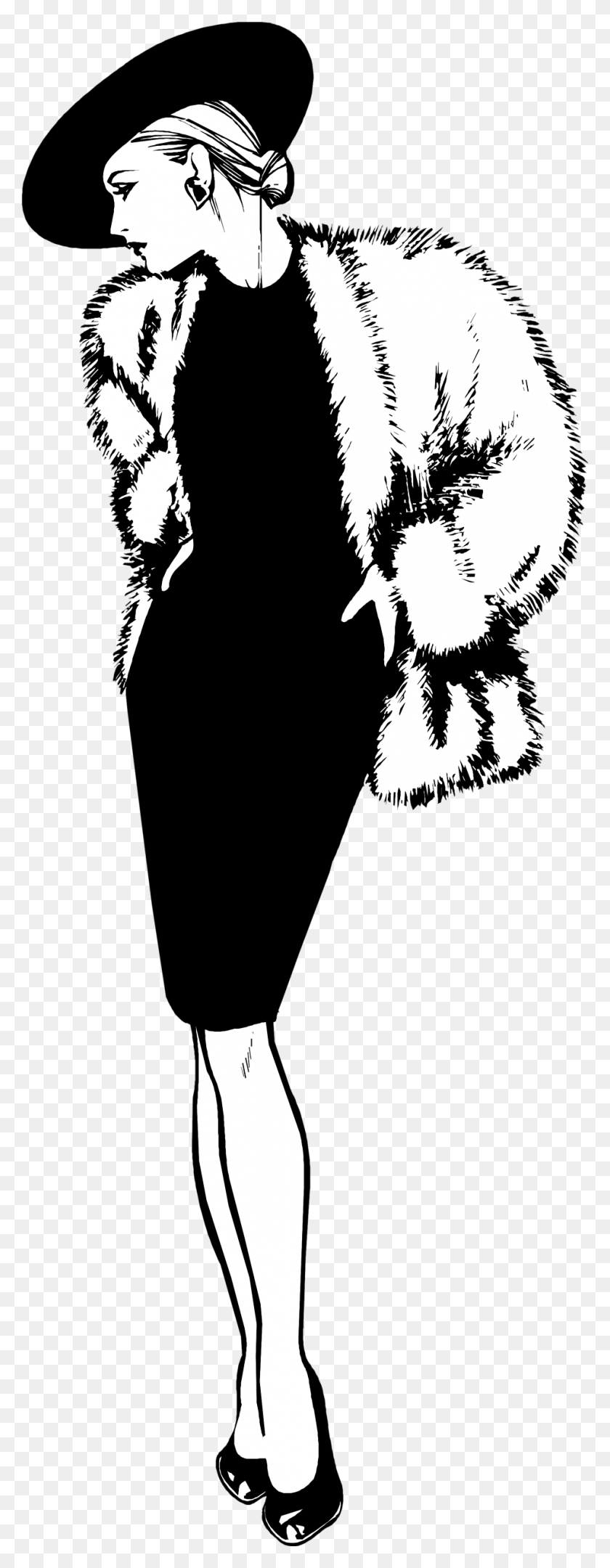 958x2580 Vector Fur Illustrated Woman In Fur Coat Clipart, Stencil, Person, Human HD PNG Download