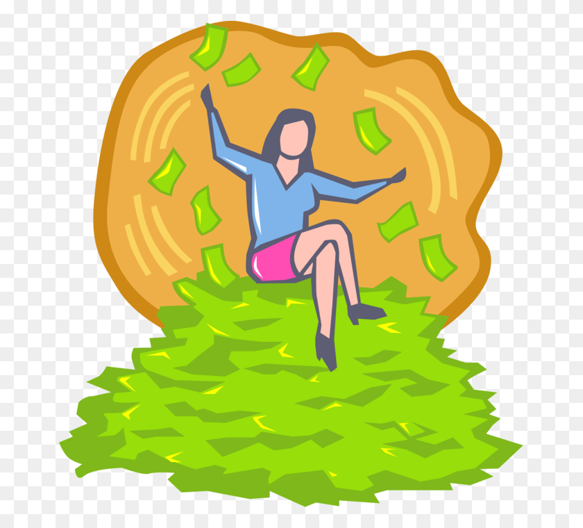 669x700 Vector Illustration Of Businesswoman Sits On Pile Of, Tree, Plant, Ornament Descargar Hd Png