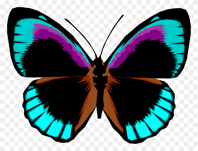 941x700 Vector Illustration Of Colorful Black And Blue Butterfly Bright Colored Butterfly, Ornament, Pattern, Bird HD PNG Download