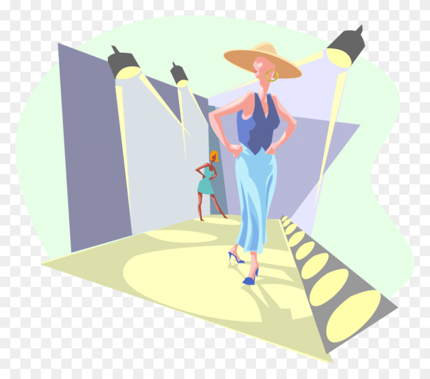 802x700 Vector Illustration Of Fashion Runway With Model Under Fashion Show Clip Art, Person, Human, Clothing Descargar Hd Png