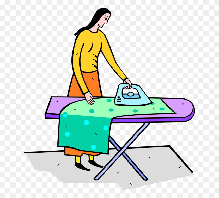 656x700 Vector Illustration Of Ironing Clothes With Electric Iron And Ironing Board Clipart, Clothes Iron, Appliance, Person HD PNG Download