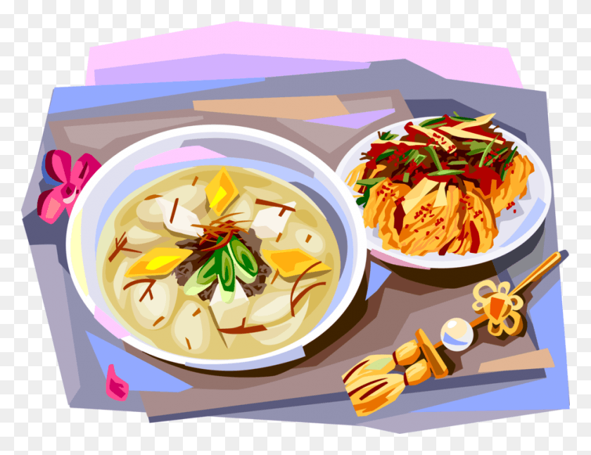 931x700 Vector Illustration Of Korean Cuisine Rice Cake Soup Korea Kimchi Clipart, Bowl, Dish, Meal HD PNG Download