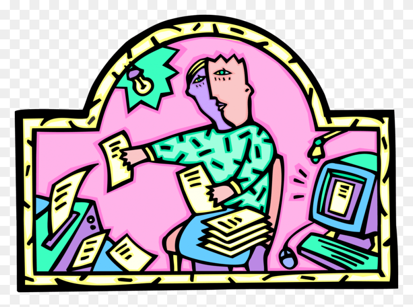 966x700 Vector Illustration Of Multitasking Office Worker Printing Cartoon, Graphics, Doodle HD PNG Download