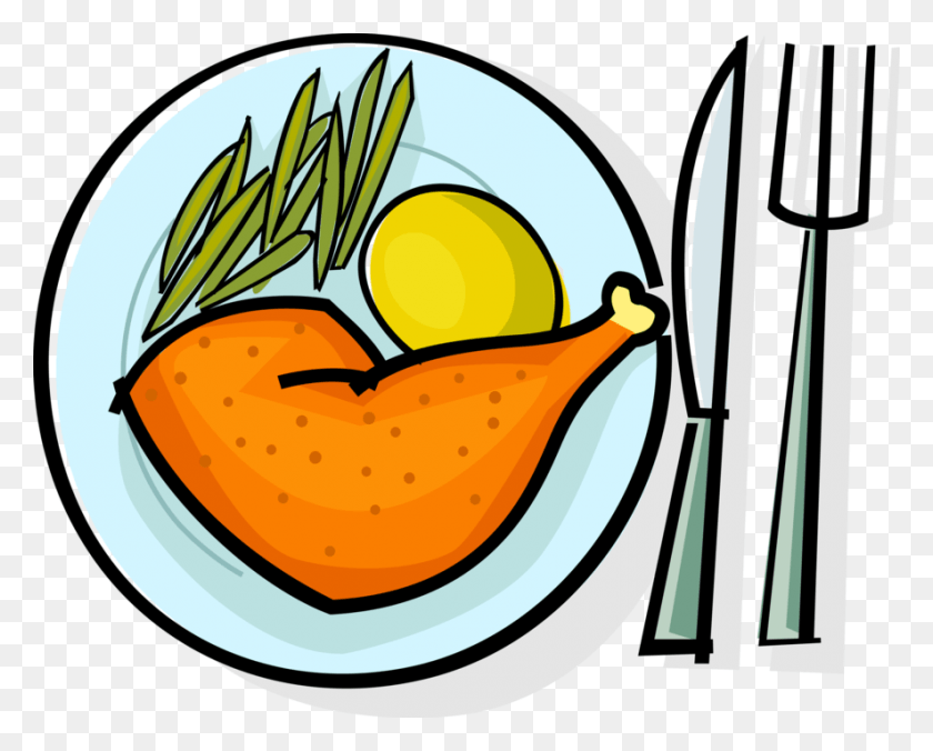 886x700 Vector Illustration Of Roast Chicken Leg With Potato Plate Of Chicken Clipart, Plant, Food, Fruit HD PNG Download