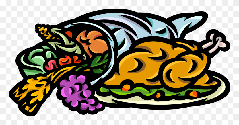 1438x700 Vector Illustration Of Thanksgiving Turkey Dinner With, Graphics, Lunch HD PNG Download
