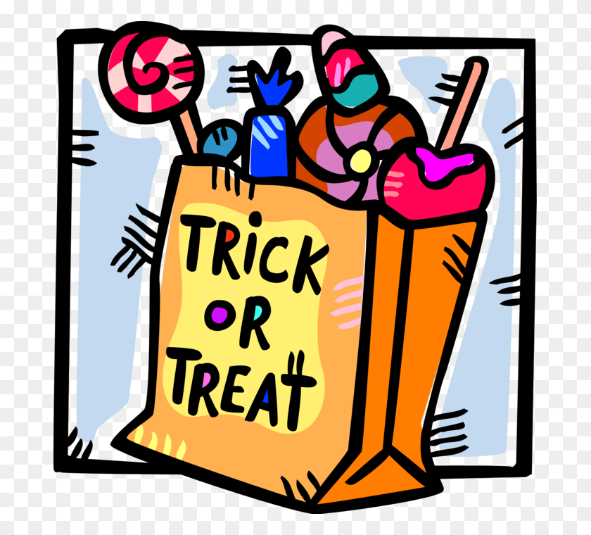687x700 Vector Illustration Of Trick Or Treat Bag Of Halloween Trick Or Treat Candies, Poster, Advertisement, Text HD PNG Download
