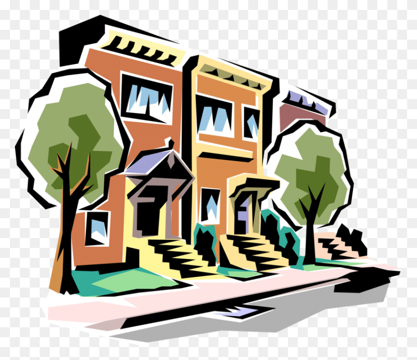 819x700 Vector Illustration Of Urban City Street With Townhouses Ring Toss Clip Art, Neighborhood, Building, Housing Descargar Hd Png