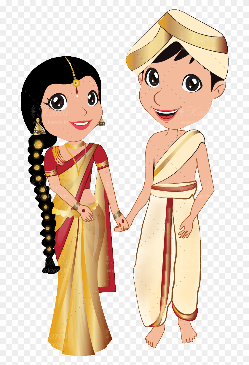703x1171 Vector Royalty Free Kannada Couple Wedding Kannada Bride And Groom Cartoon, Clothing, Apparel, Sari HD PNG Download