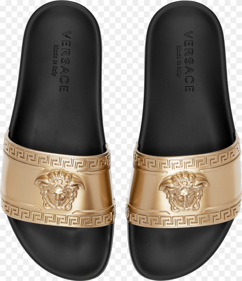 1062x1234 Versace Logo Slides P2wshlrpgd Versace Slides Gold Medusa, Clothing, Footwear, Shoe, Sandal Transparent PNG