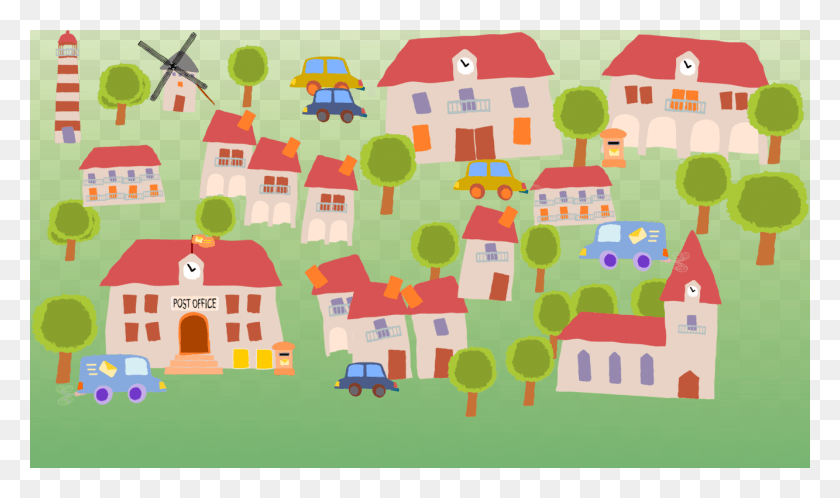 1333x750 Village Cartoon House Child Art Village Clipart, Barrio, Urban, Edificio Hd Png