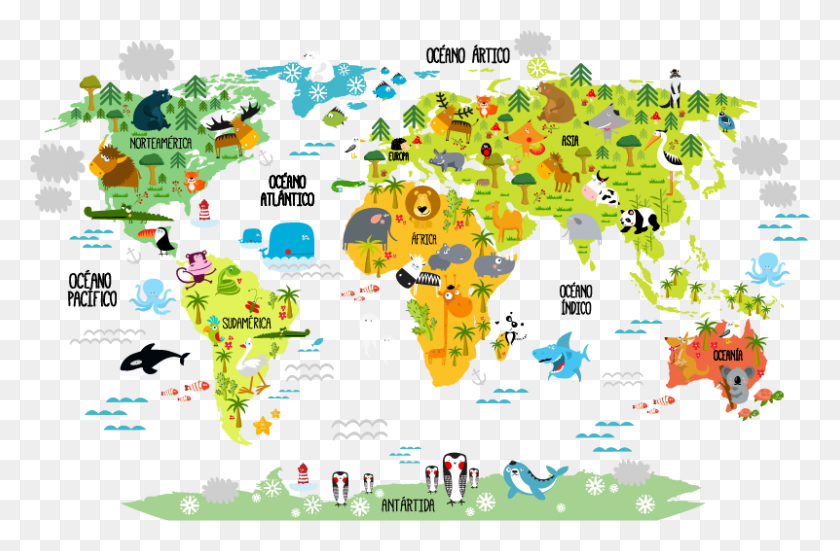 801x505 Vinilo Infantil Mapamundi Animal World Map Doodle On Wall, Map, Diagram, Atlas HD PNG Download