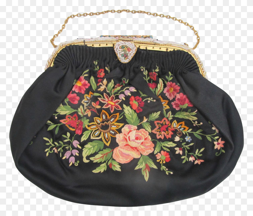 1404x1185 Vintage Black Satin Finely Beaded Embroidery Amp Enamel Hobo Bag, Handbag, Accessories, Accessory HD PNG Download
