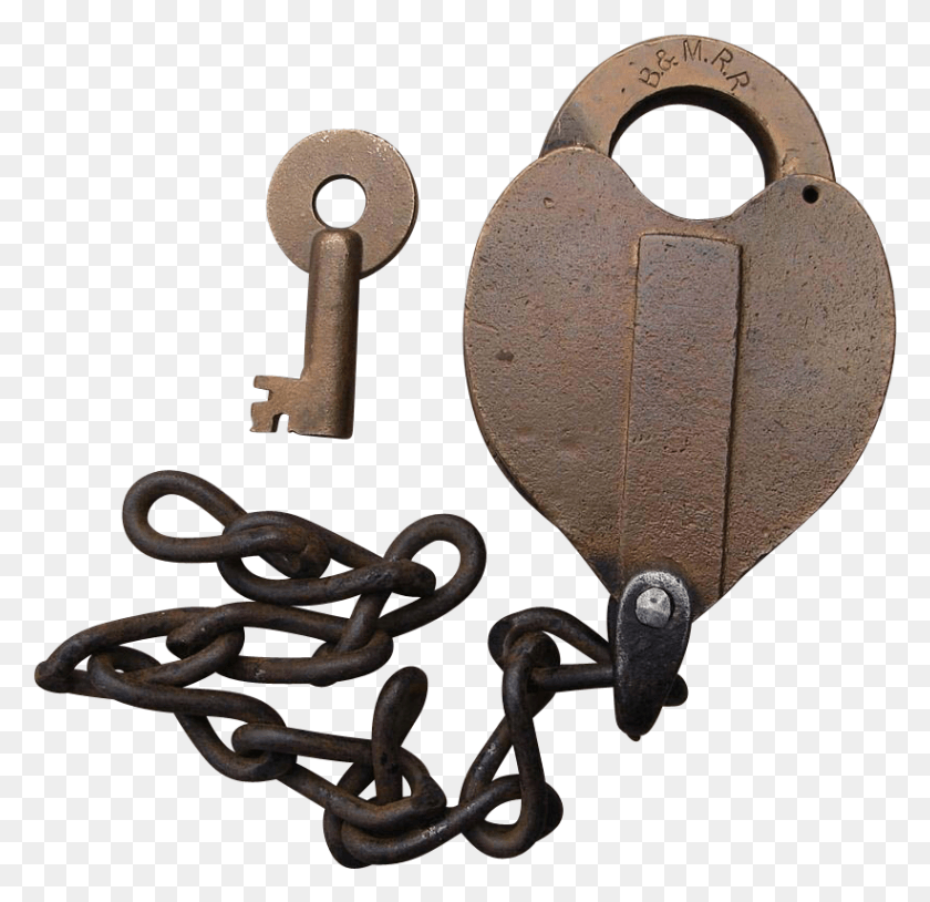 821x794 Vintage Boston Amp Maine Railroad Brass Heart Shape Lock Chain, Key, Rust HD PNG Download