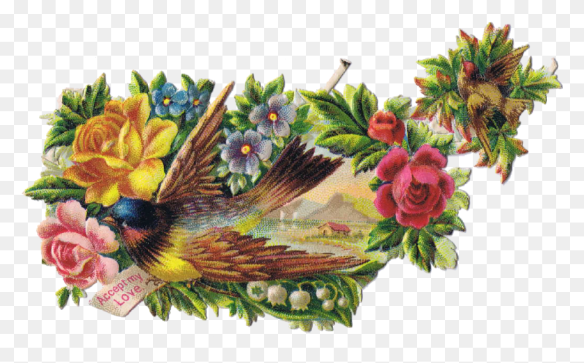 1185x703 Vintage Flower Clipart Vintage Bird Love Birds And Flowers Clip Art, Floral Design, Pattern, Graphics HD PNG Download