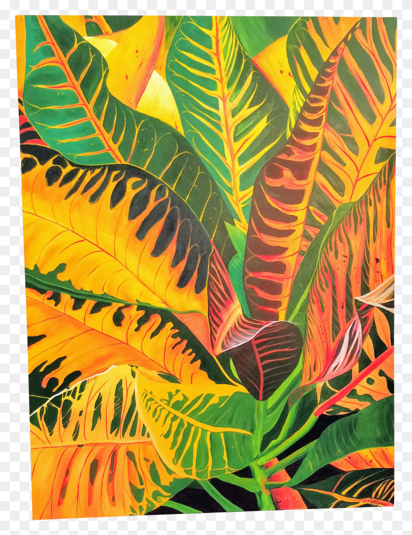 2108x2783 Vintage Tropical Croton Leaf Tree Oil Painting On Chairish Croton Leaves Illustration Descargar Hd Png