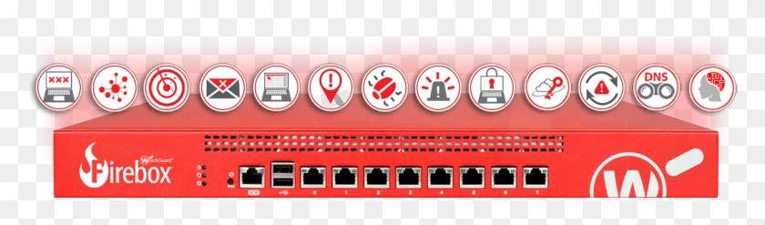 1062x255 Watchguard Firebox With All Security Service Icons Watchguard Total Security Suite, Electronics, Hardware, Hub HD PNG Download