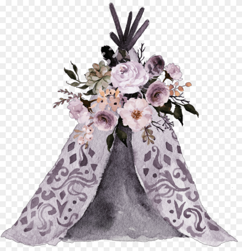 894x929 Watercolor Boho Tent Tipi Teepee Floral Teepee Clipart, Flower Bouquet, Plant, Flower, Flower Arrangement Sticker PNG