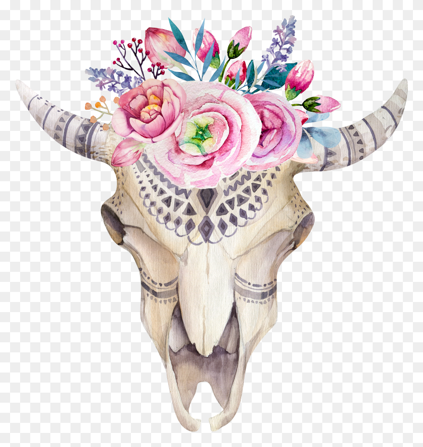 3647x3873 Watercolor Flower Skull Boho Chic Painted Pattern Illustration Watercolor Bull Skull HD PNG Download