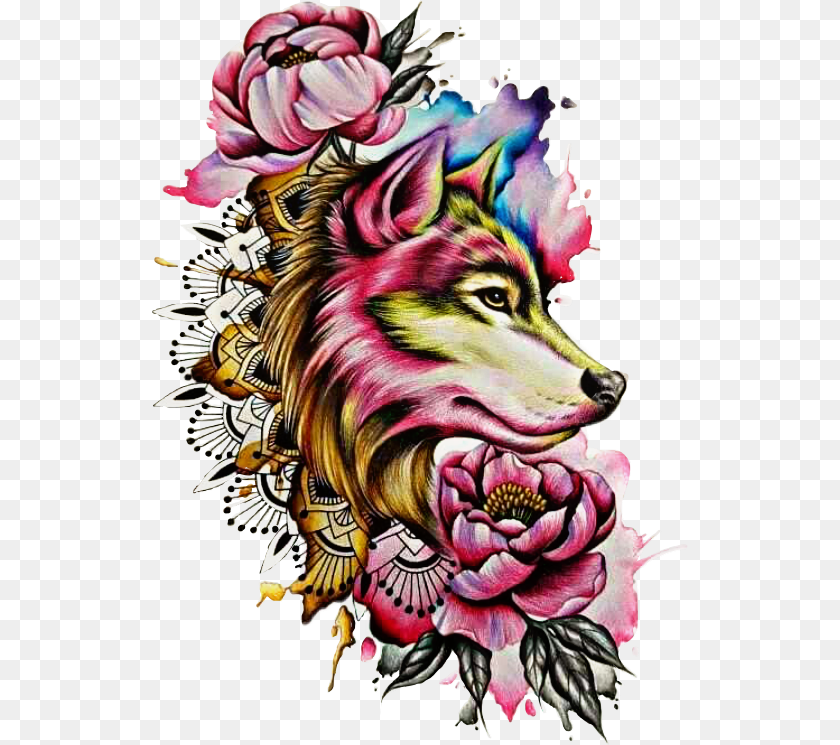 536x745 Watercolor Wolf Tattoo Designs Colorful Wolf Tattoo Designs, Art, Dahlia, Plant, Flower Transparent PNG