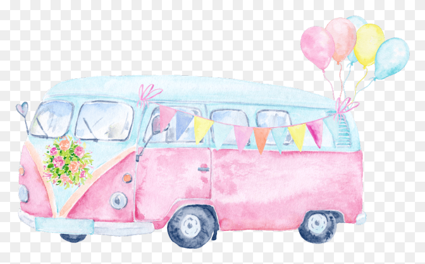 1009x599 Wedding Bus Vv Pink Balloons Watercolors Watercolor Watercolor Camper Van, Vehicle, Transportation, Plant HD PNG Download