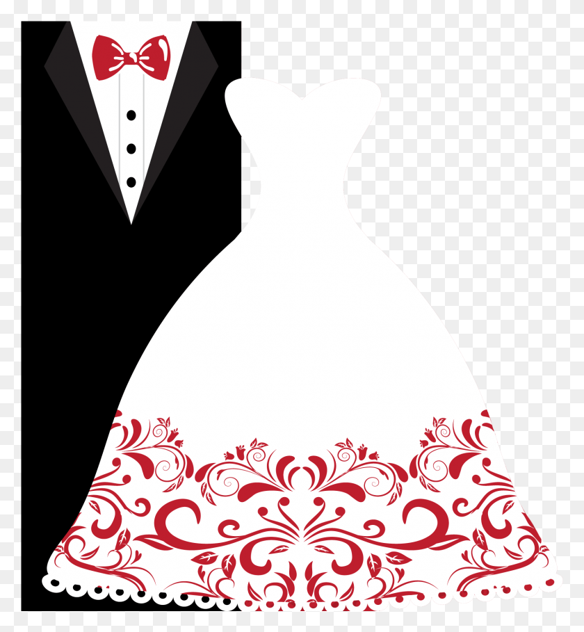 1653x1801 Wedding Invitation Bridegroom Wedding Dress Clip Art Wedding Invitation Gown And Tuxedo, Clothing, Apparel, Tie HD PNG Download