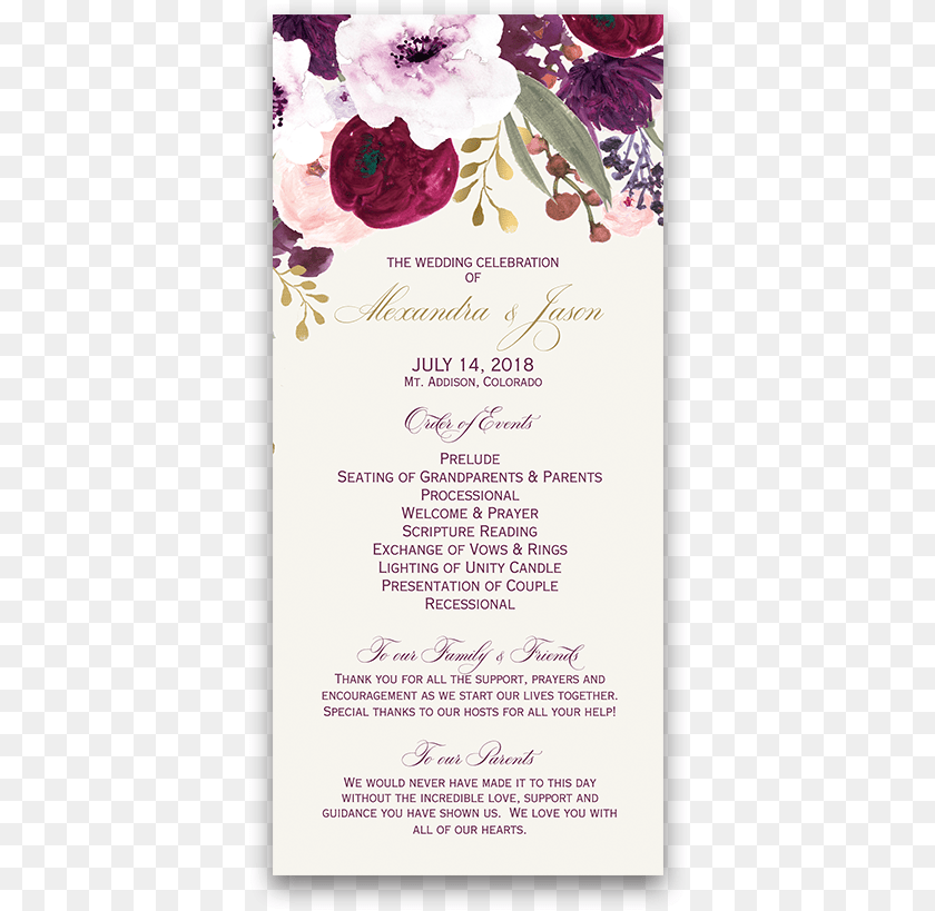 396x819 Wedding Program Template Purple, Advertisement, Poster, Text, Flower Clipart PNG