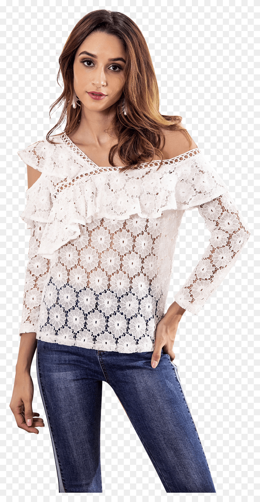 2220x4441 White Lace Chic Top With Irregular Shoulder HD PNG Download