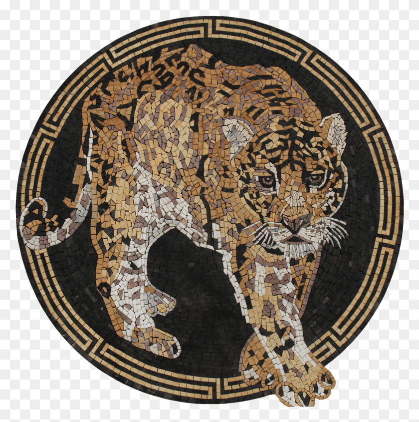 1191x1200 Descargar Png Medallón De Leopardo Salvaje Con Borde Griego Mosaico De Tigre, Alfombra, La Vida Silvestre, Animal Hd Png
