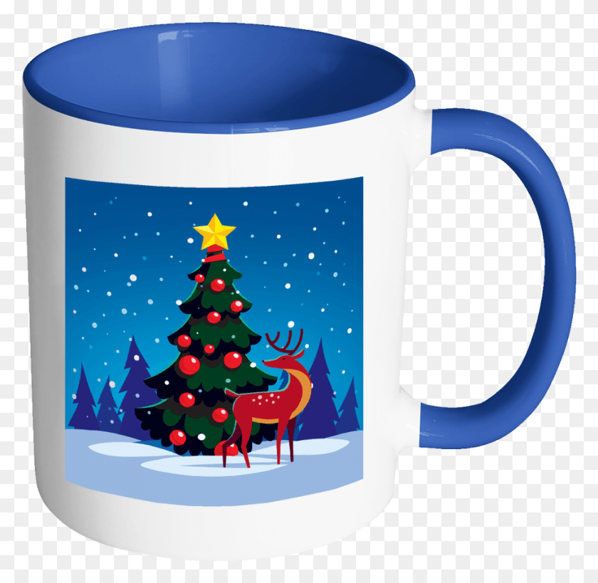 908x884 Winter Holiday Tree With Reindeer Mug 11 Oz With Color Mug, Plant, Coffee Cup, Cup HD PNG Download