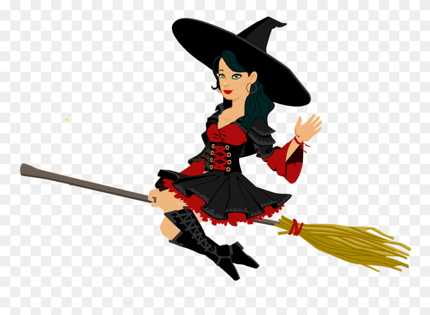 1259x897 Witch Halloween Hat Flying Witch, Person, Human, Performer HD PNG Download