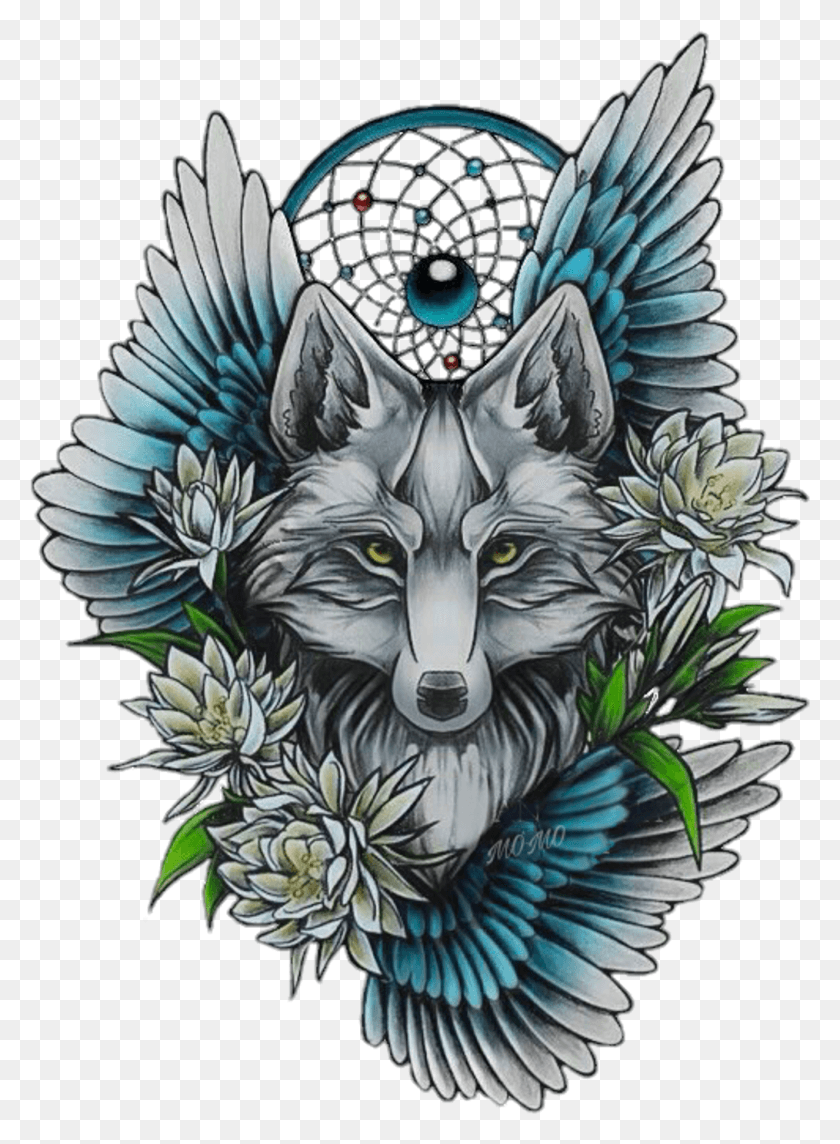 1014x1410 Wolf Dreamcatcher Wolf With Flowers Tattoo, Bird, Animal, Symbol HD PNG Download