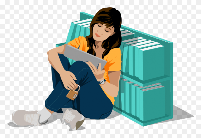 844x560 Woman In Library Reading At A Tablet With Lock In Her Illustration, Person, Human, Sitting HD PNG Download