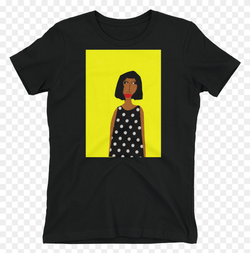 878x893 Woman In Polka Dot Dress With Yellow Background Good Vibes T Shirt Grey, Clothing, Apparel, T-shirt HD PNG Download