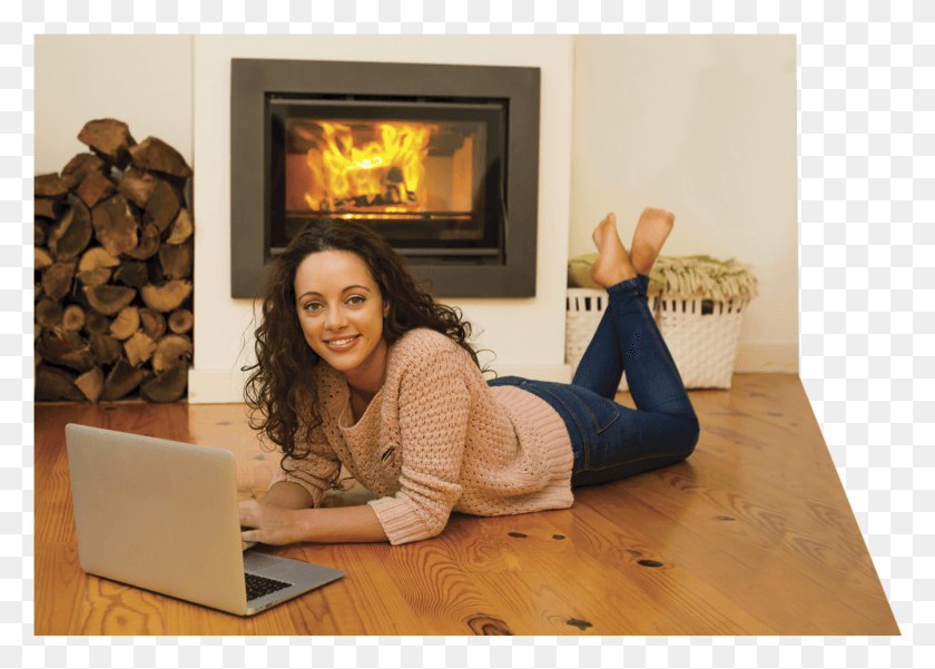 1344x933 Woman Laptop Kneeling Girl On The Fireplace, Person, Pc, Computer HD PNG Download