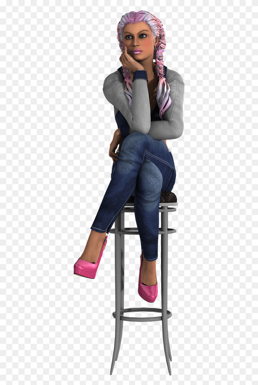 367x1194 Woman Pink Plaits Legs Crossed Transparent Girl Sitting On A Stool, Pants, Clothing, Apparel HD PNG Download
