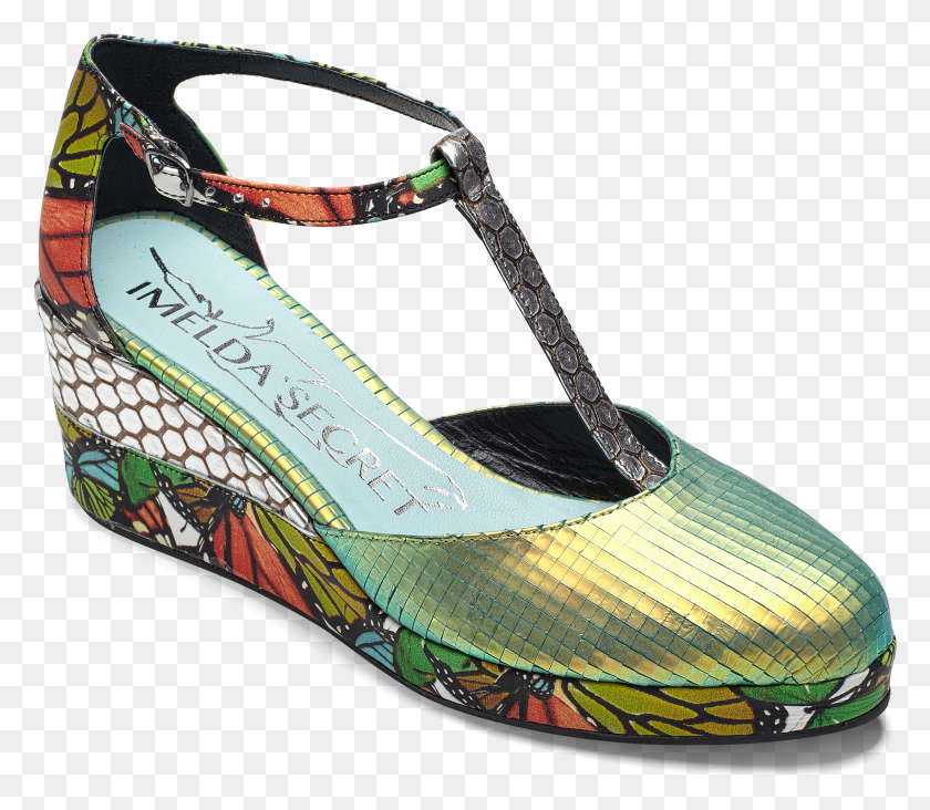 2201x1898 Woman T Strap Wedges In Lime Green Metallic Engraved Basic Pump HD PNG Download