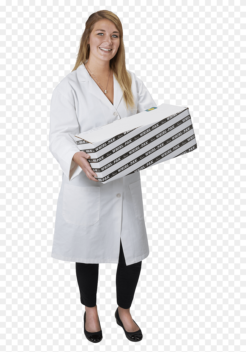 508x1143 Woman With Box Girl, Clothing, Apparel, Lab Coat HD PNG Download