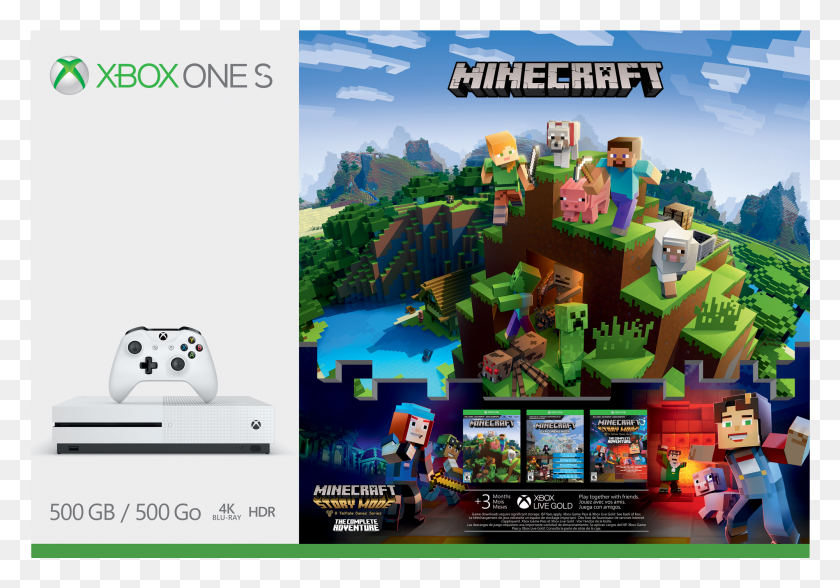 2001x1355 Descargar Png Xbox One S Minecraft Complete Adventure Bundle 500Gb Xbox One S 500Gb Consola Minecraft Complete Adventure, Texto, Videojuegos, Juguete Hd Png